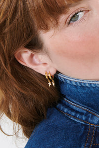 Gold Plated Huggie Hoops with Champagne Pavé Detailed Lightning Bolt & Star Charms