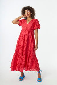 Coral Red Broderie Anglaise Puff Sleeve Midi Dress