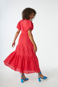 Coral Red Broderie Anglaise Puff Sleeve Midi Dress