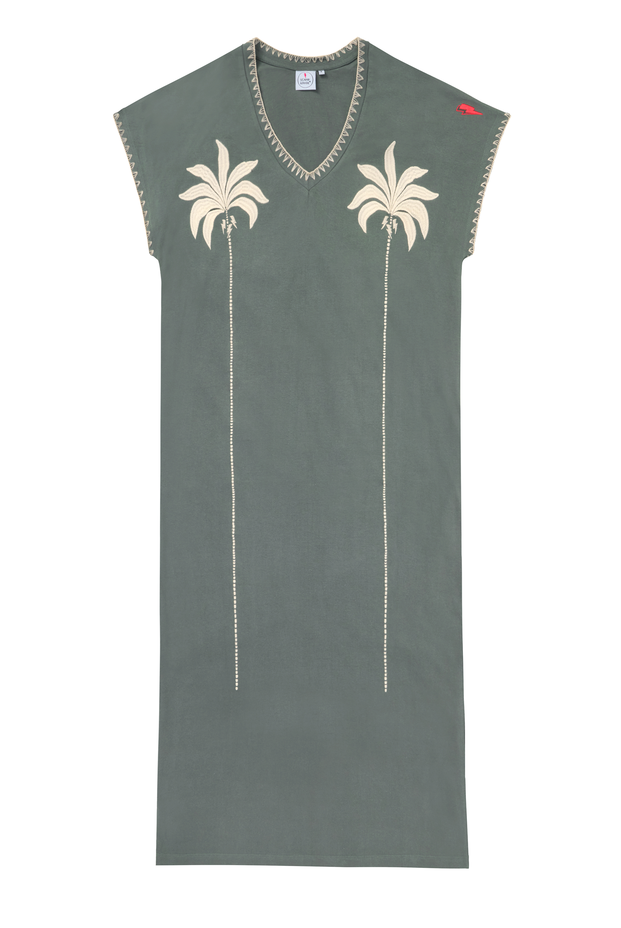 Scamp and Dude Khaki with Embroidered Palm Trees V-Neck Midi T-Shirt Dress | Product image of Khaki with Embroidered Palm Trees V-Neck Midi T-Shirt Dress on white background