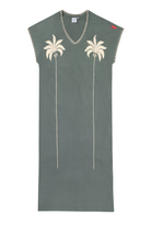 Scamp and Dude Khaki with Embroidered Palm Trees V-Neck Midi T-Shirt Dress | Product image of Khaki with Embroidered Palm Trees V-Neck Midi T-Shirt Dress on white background