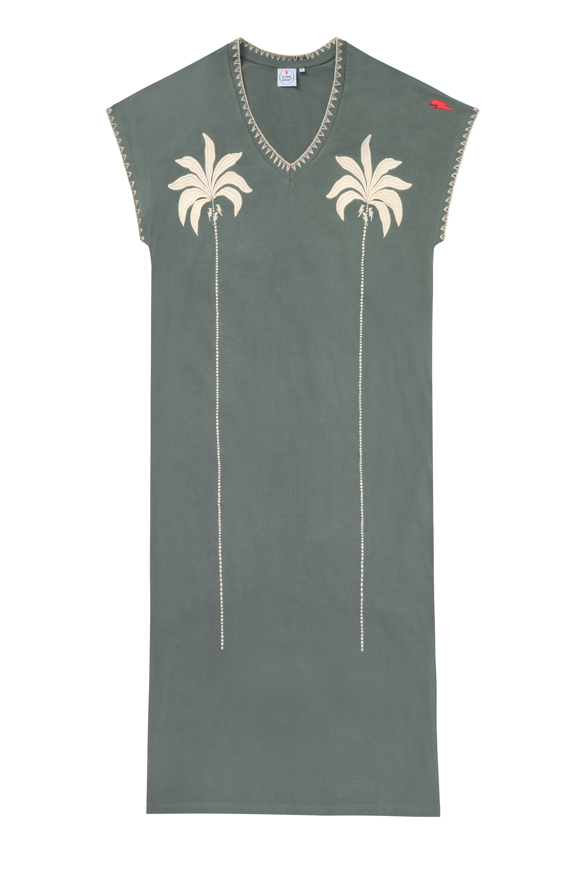 Scamp and Dude Khaki with Embroidered Palm Trees V-Neck Midi T-Shirt Dress | Product image of Khaki with Embroidered Palm Trees V-Neck Midi T-Shirt Dress on white background