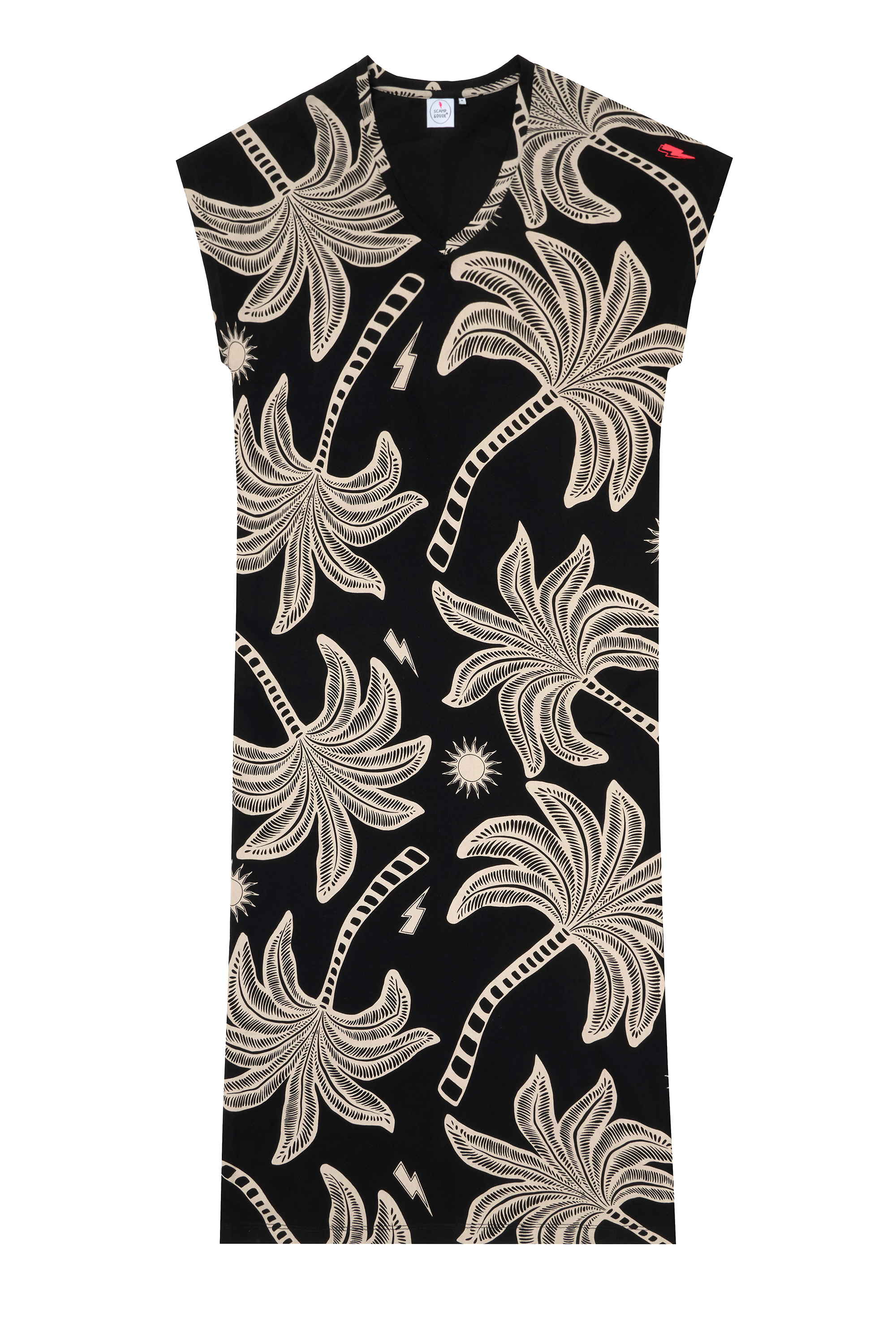 Scamp and Dude Black with Off White Palm Spring V-Neck Midi T-Shirt Dress | Product image of Black with Off White Palm Spring V-Neck Midi T-Shirt Dress on white background