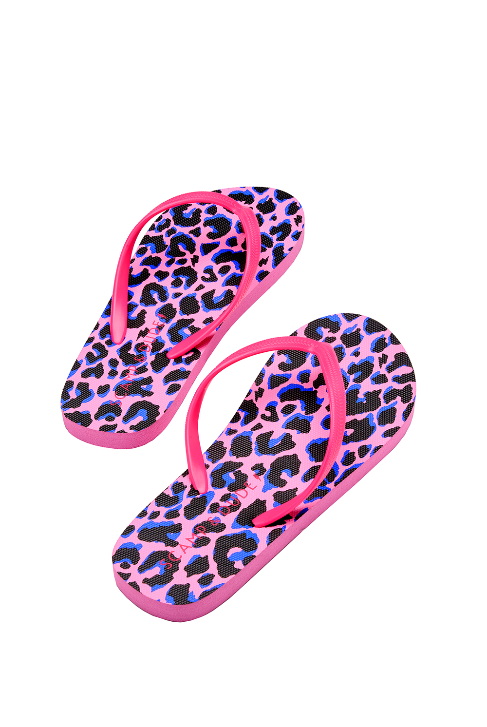 Scamp and Dude Pink with Blue & Black Leopard Flip Flops | Product image of pink with blue & black leopard flip flops on white background.