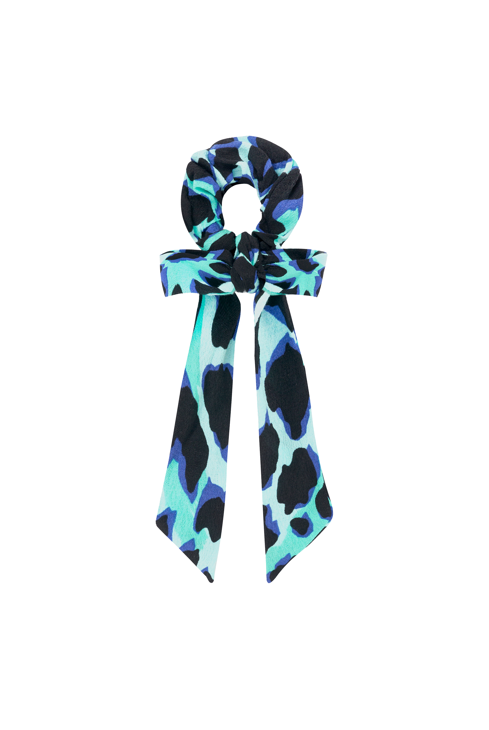 Scamp and Dude Turquoise with Black and Blue Shadow Leopard Bow Scrunchie | Product image of Turquoise with Black and Blue Shadow Leopard Bow Scrunchie on white background