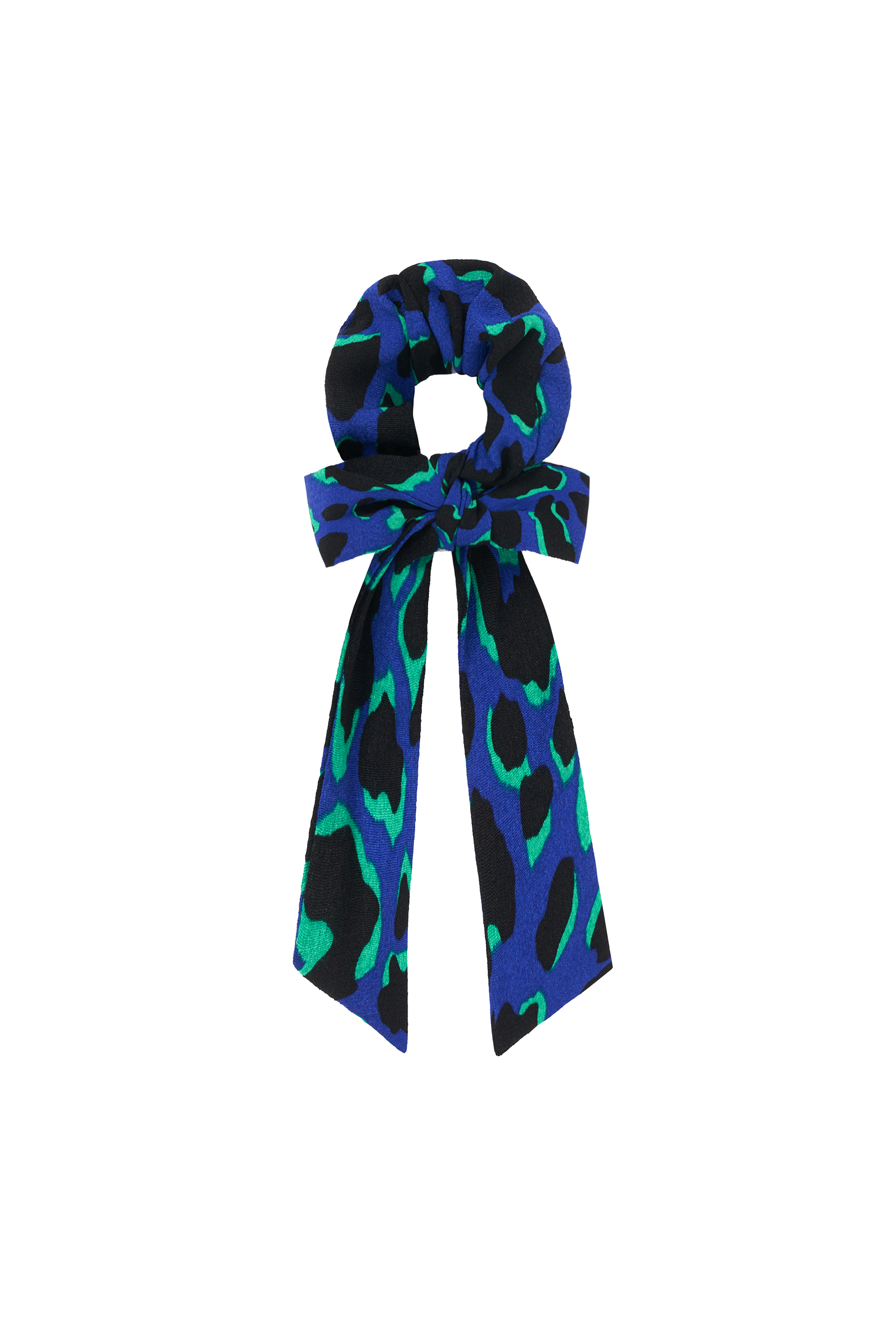 Scamp and Dude Blue with Green and Black Shadow Leopard Surplus Fabric Bow Scrunchie | Product image of Blue with Green and Black Shadow Leopard Surplus Fabric Bow Scrunchie on white background