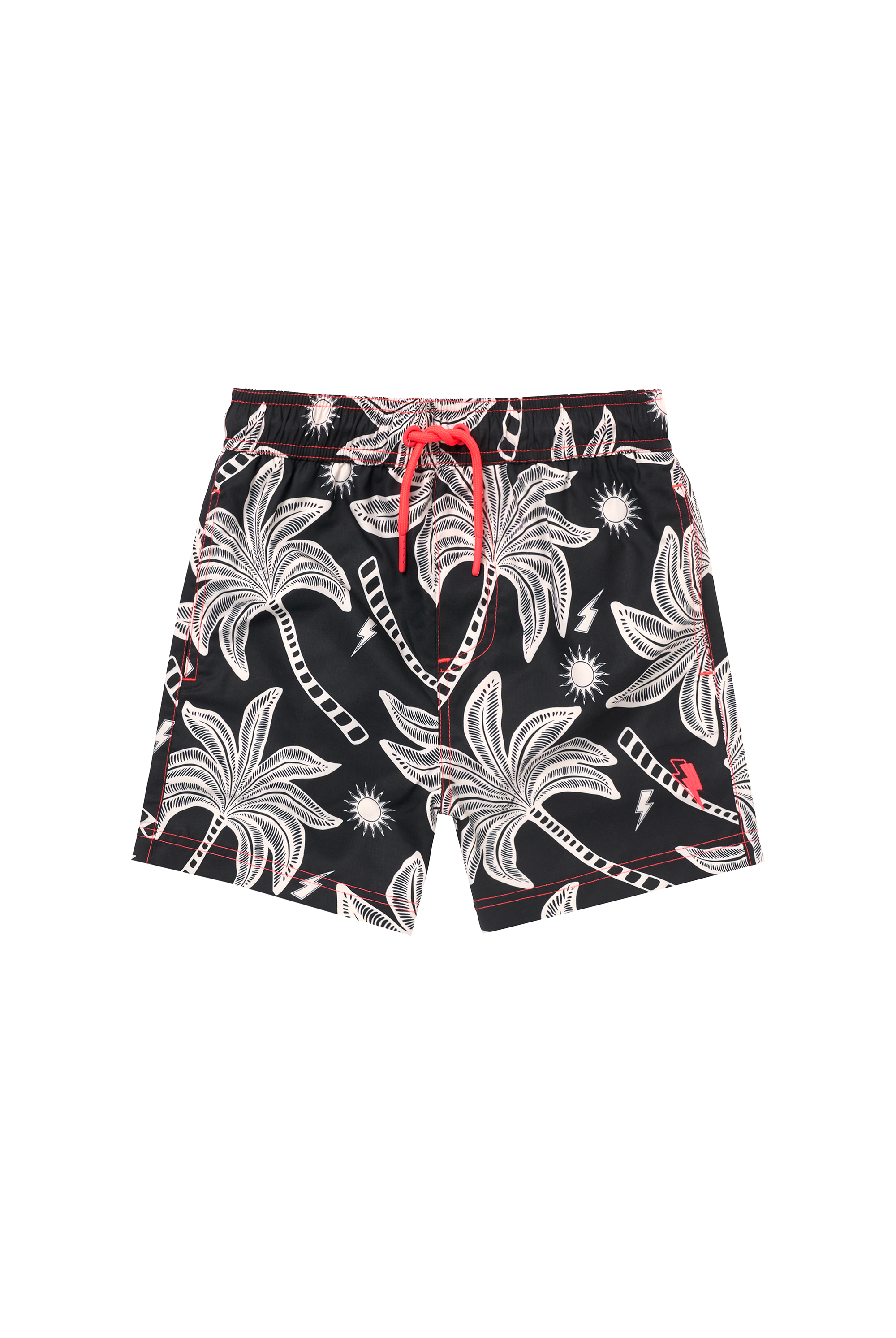 Scamp and Dude Kids Black with Off White Palm Spring Swim Shorts | Product image of Kids Black with Off White Palm Spring Swim Shorts on white background