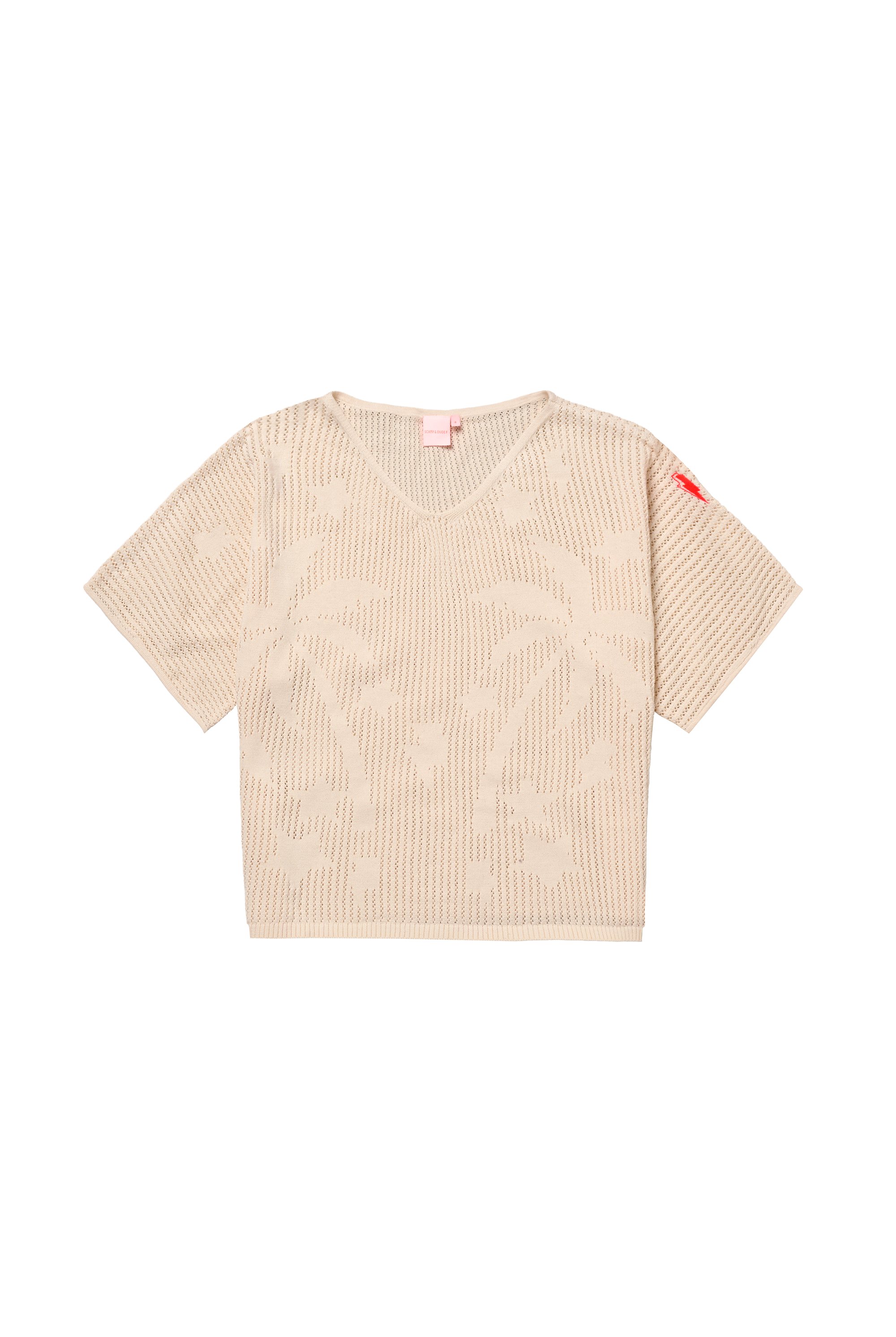 Scamp and Dude Cream Palm Knitted Crochet Jumper | Model wearing a cream crochet jumper with palm and bolt detail.