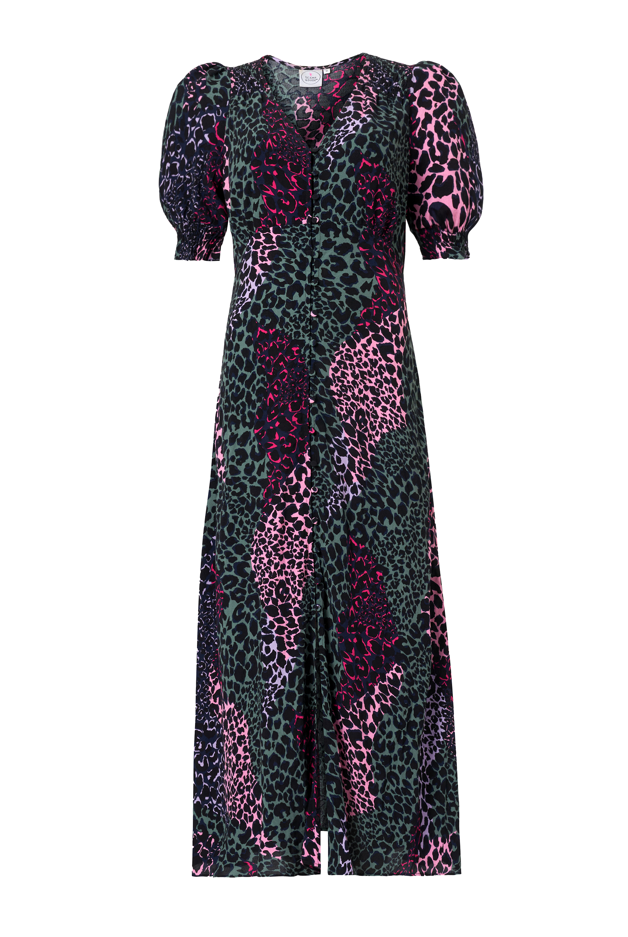 Scamp and Dude Khaki with Pink Spliced Leopard Flute Sleeve Midi Tea Dress | Product image of Khaki with Pink Spliced Leopard Flute Sleeve Midi Tea Dress on white background