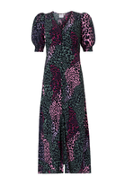 Scamp and Dude Khaki with Pink Spliced Leopard Flute Sleeve Midi Tea Dress | Product image of Khaki with Pink Spliced Leopard Flute Sleeve Midi Tea Dress on white background