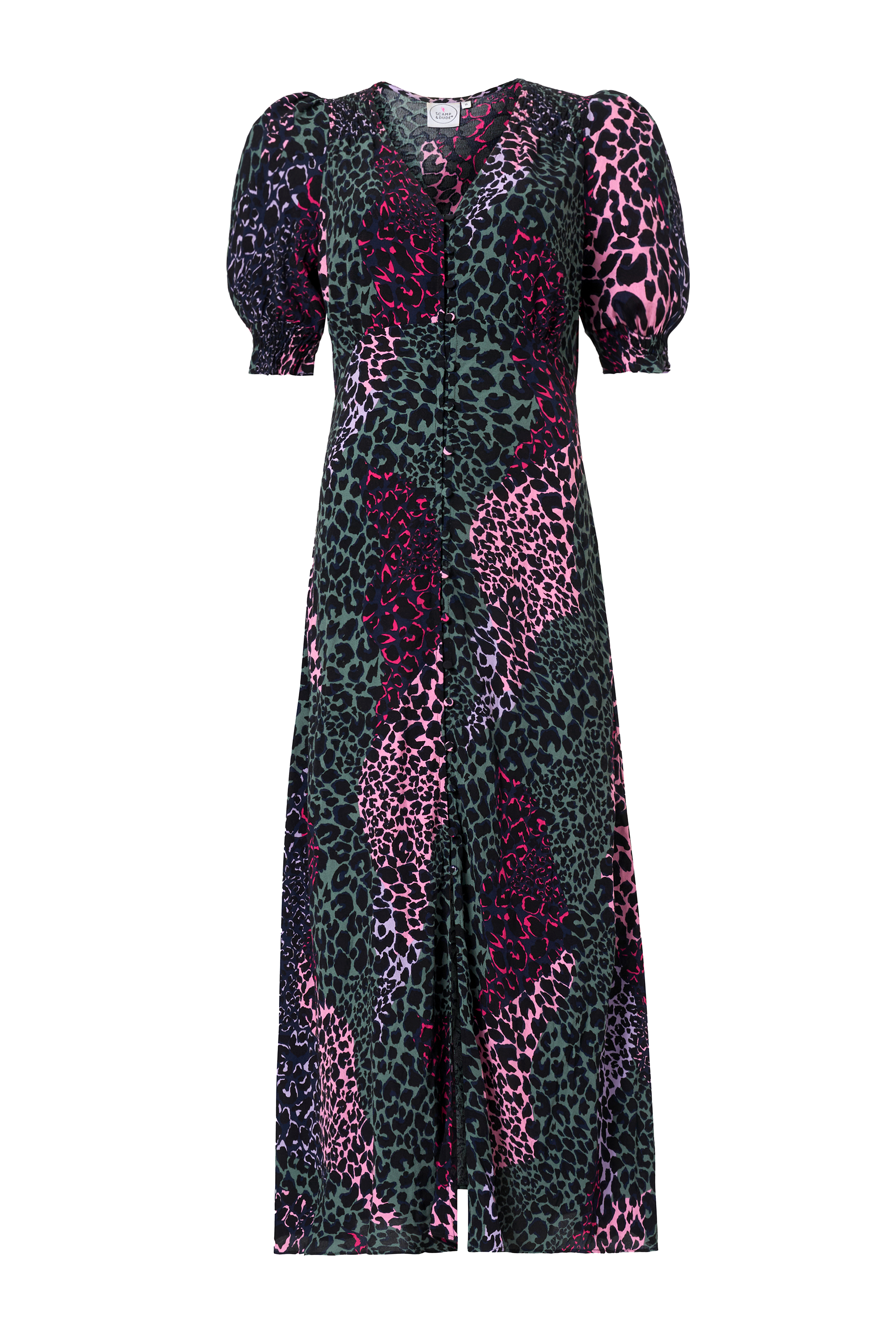 Scamp and Dude Khaki with Pink Spliced Leopard Flute Sleeve Midi Tea Dress | Product image of Khaki with Pink Spliced Leopard Flute Sleeve Midi Tea Dress on white background