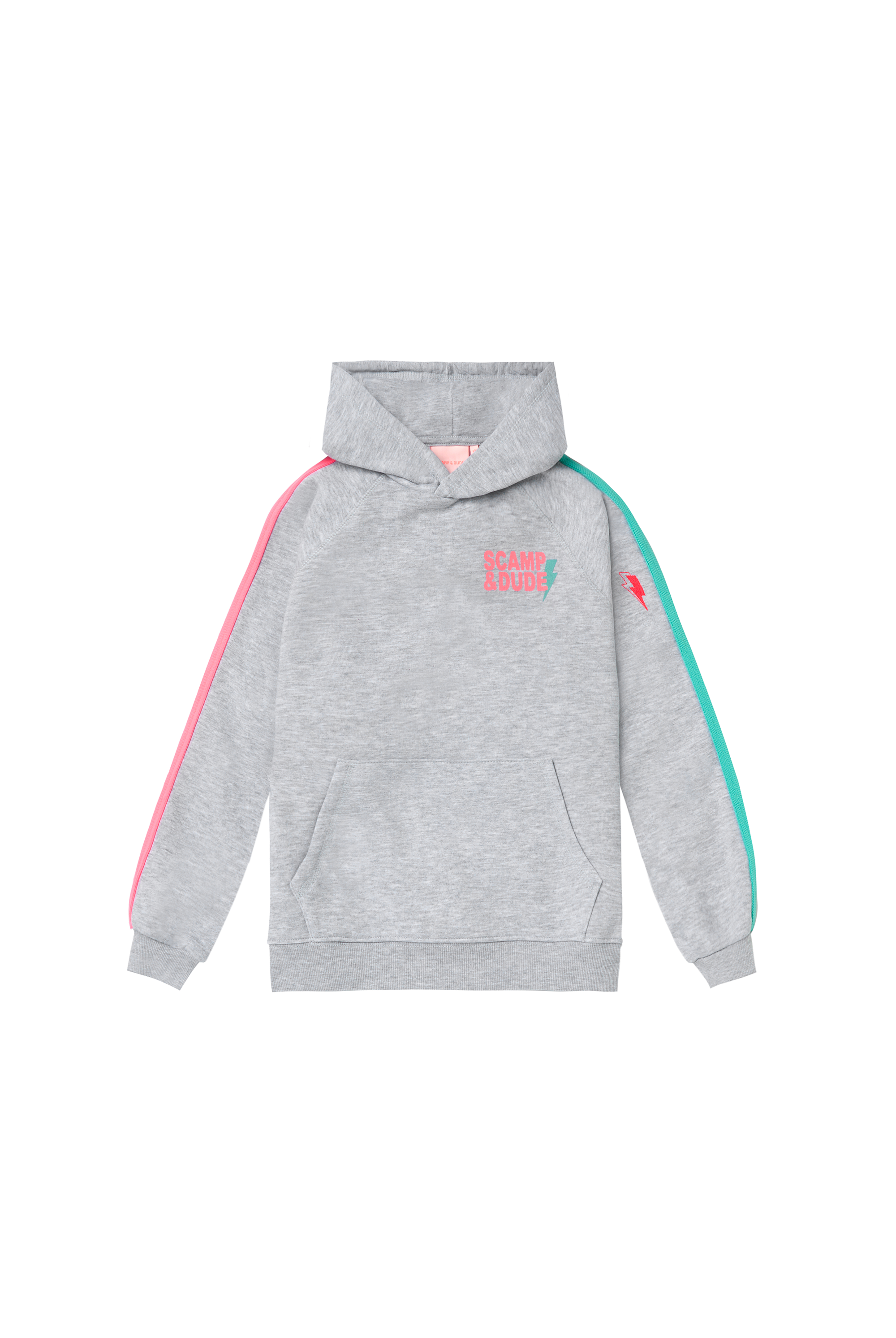 Scamp and Dude Kids Grey Colourblock Hoodie | Product image of a grey hoodie with pink and turquoise colourblock detail on white background.
