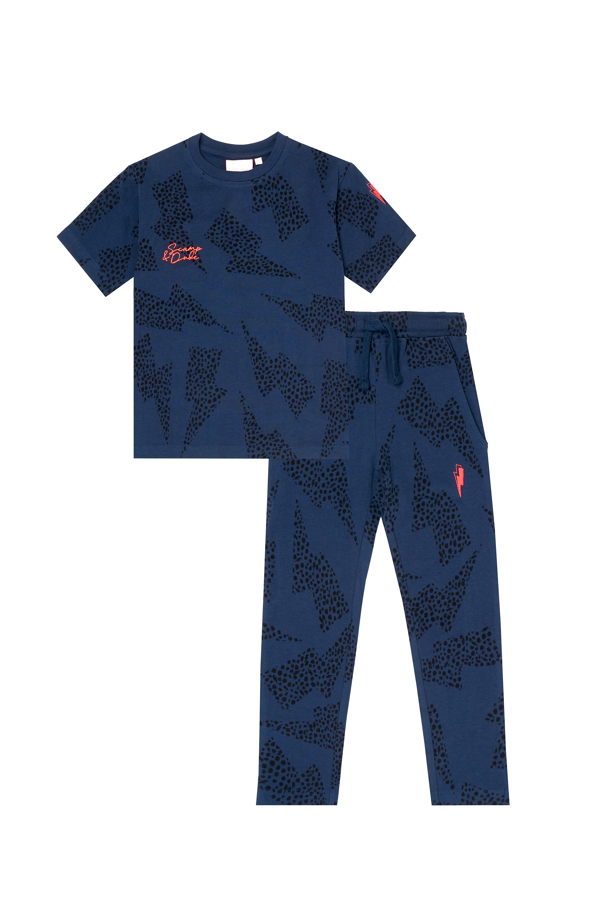 Scamp and Dude Kids Navy with Black Cheetah and Lightning Bolt Print Pyjamas | Product image of Kids Navy with Black Cheetah and Lightning Bolt Print Pyjamas on white background