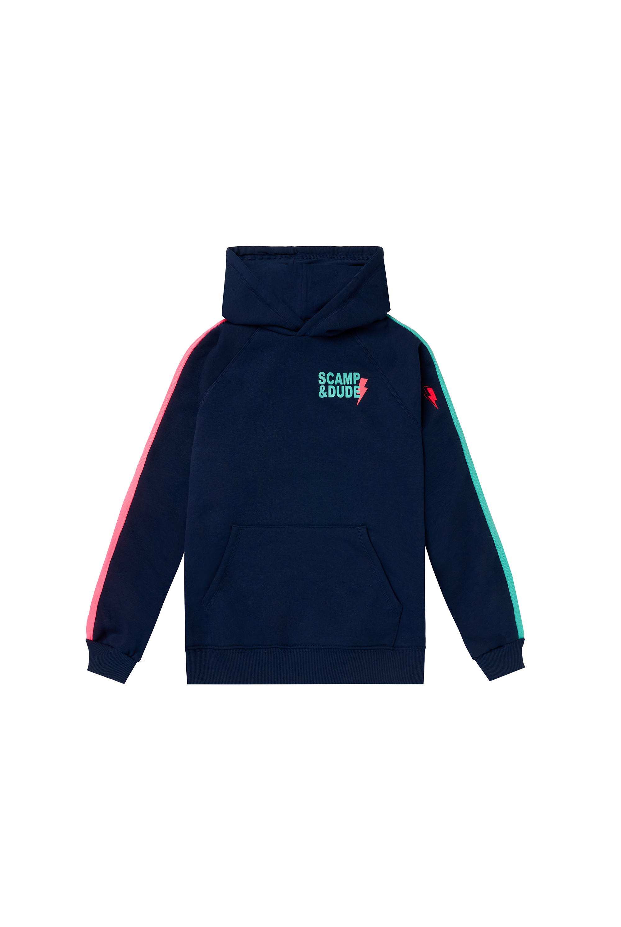 Scamp and Dude Kids Navy Colourblock Hoodie | Product image of a navy hoodie with pink and turquoise colourblock detail on white background.