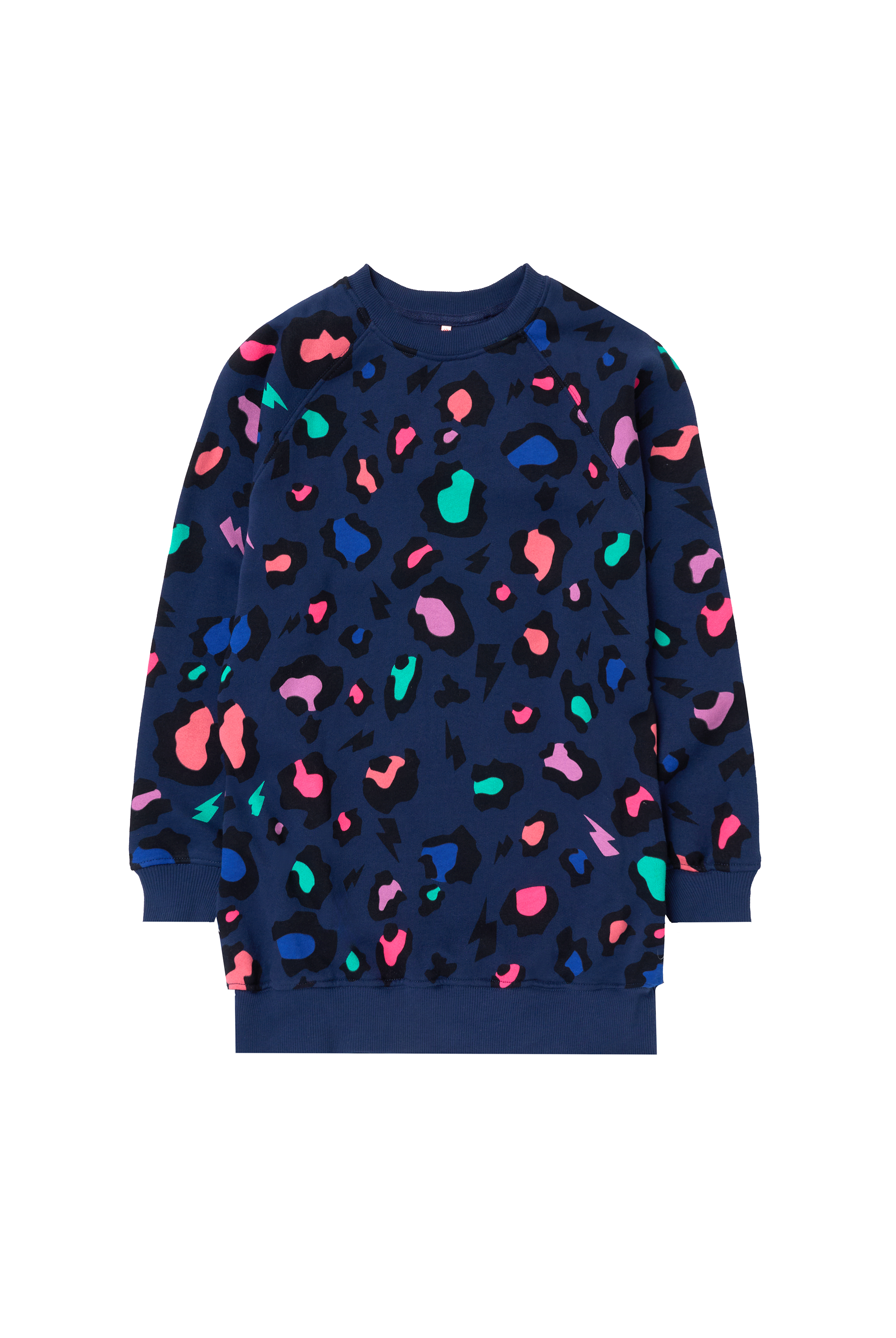 Scamp and Dude Kids Navy with Rainbow Snow Leopard Sweatshirt Dress | Product image of Kids Navy with Rainbow Snow Leopard Sweatshirt Dress on white background