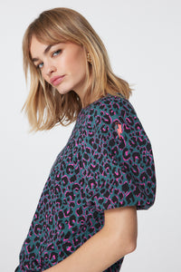 Green with Pink and Black Shadow Leopard Puff Sleeve T-Shirt