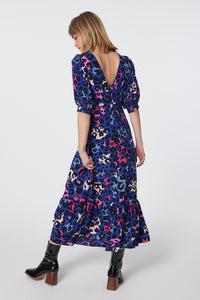 Bright Blue with Pink and Black Mixed Leopard Pintuck Puff Sleeve Midi Dress