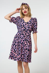 Pink with Blue and Black Shadow Leopard Short Tea Dress