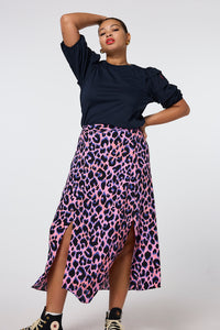 Pink with Blue and Black Shadow Leopard Split Front Skirt