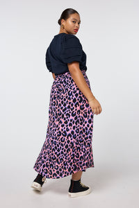 Pink with Blue and Black Shadow Leopard Split Front Skirt