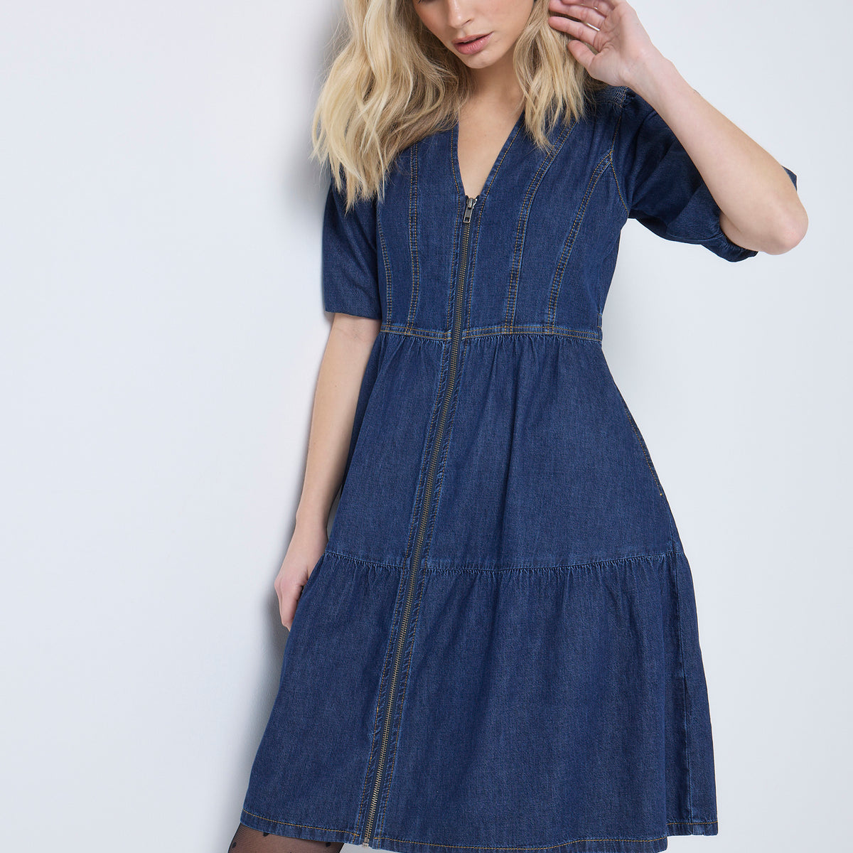 1210485 Indigo Orange Zip Denim Dress