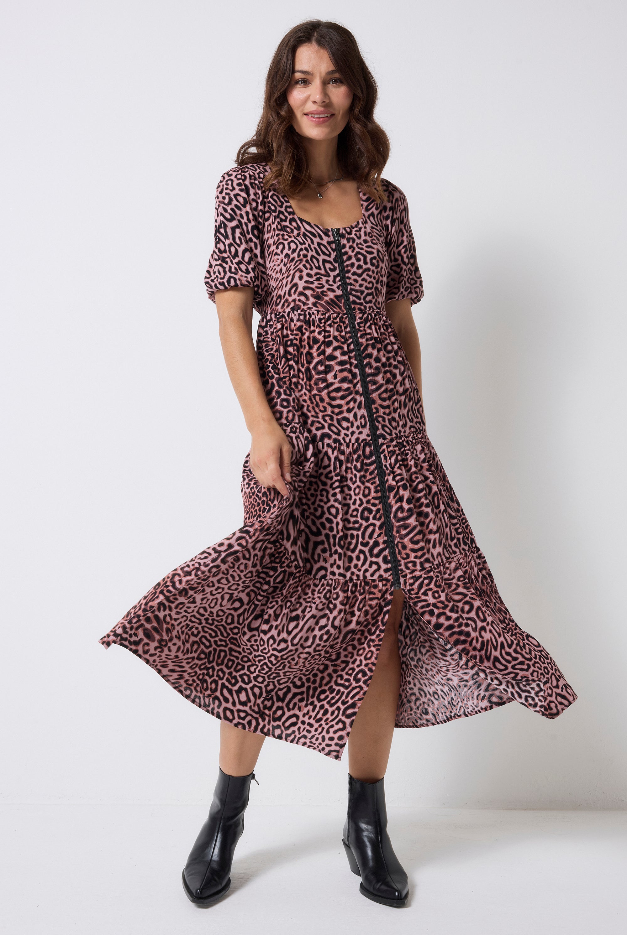 Scamp and Dude Neutral Leopard Ray Square Neck Zip Detail Tiered Midi Dress | Model wearing a square neck zip front midi dress in a neutral leopard ray print.