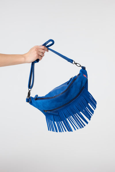 Scamp and Dude Blue Fringed Bum Bag | Product image of Blue Fringed Bum Bag on white background