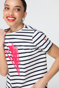 Ivory with Navy Stripe and Neon Pink Glitch Bolt T-Shirt