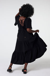 Black Flute Sleeve Tiered Midi Dress
