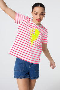 Ivory with Coral Stripe and Neon Yellow Glitch Bolt T-Shirt