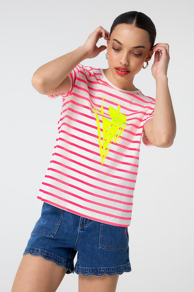 Scamp and Dude Cream with Coral Stripe and Neon Yellow Glitch Bolt T-Shirt | Model wearing cream and coral striped t shirt with a large lightning bolt graphic print on the front.