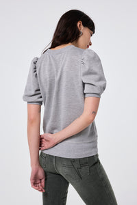 Grey Lurex Short Puff Sleeve T-Shirt