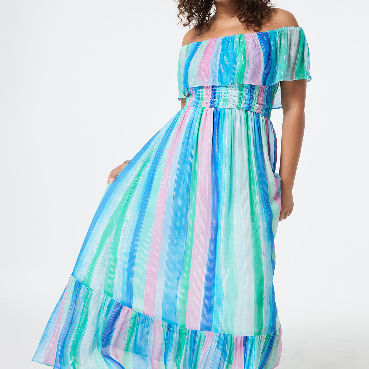Rainbow Stripe Bardot Midi Dress Scamp & Dude