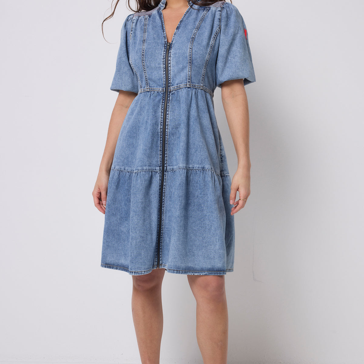Pale Indigo Zip Detail Tiered Short Denim Dress Scamp & Dude