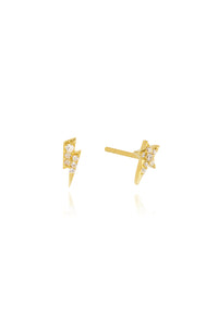 Gold Plated Lightning Bolt & Star Stud Earrings with Champagne Pavé Detailing