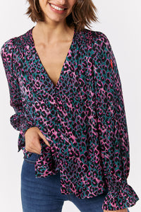 Khaki with Pink and Black Small Shadow Leopard Flute Sleeve Blouse