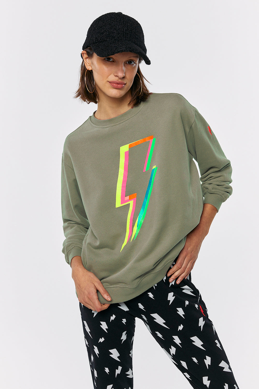 Khaki with Rainbow Lightning Bolt Oversized Sweatshirt