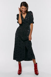 Black Jacquard Star Flute Sleeve Midi Tea Dress