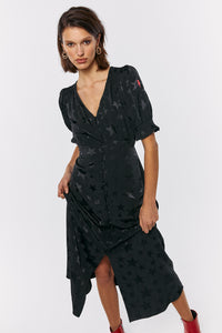 Black Jacquard Star Flute Sleeve Midi Tea Dress