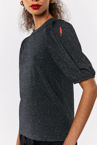 Black Lurex Puff Sleeve T-Shirt
