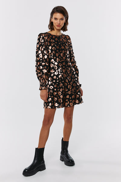 Scamp and Dude Black with Rose Gold Foil Leopard Short Dress | Model with short hair wearing a short black dress 