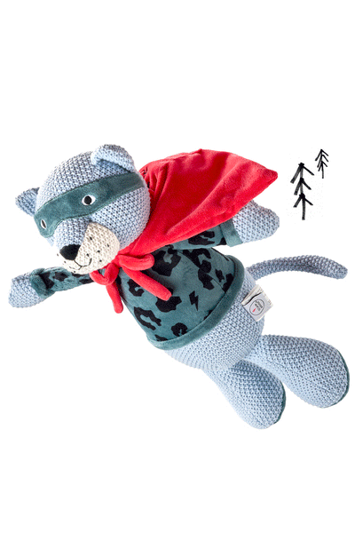 Scamp and Dude Super Cat "Bandit" Charity Superhero Sleep Buddy | GIF of a cat soft toy wearing a superhero cape and eye mask 