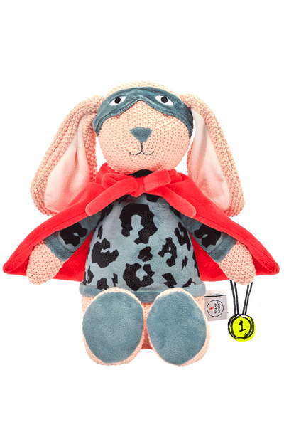 Scamp and Dude Super Bunny "Scamp" Charity Superhero Sleep Buddy | GIF of rabbit soft toy with star and moon illustrations 