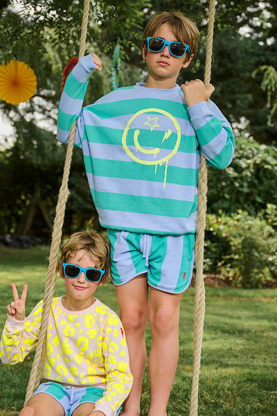 Scamp and Dude Striped Green and Blue Long Sleeve Top | Two boys wearing Scamp and Dude tops, one stripey and one leopard print, both standing on a swing in a garden