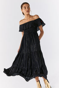 Black with Silver and Gold Lurex Bardot Midi Dress