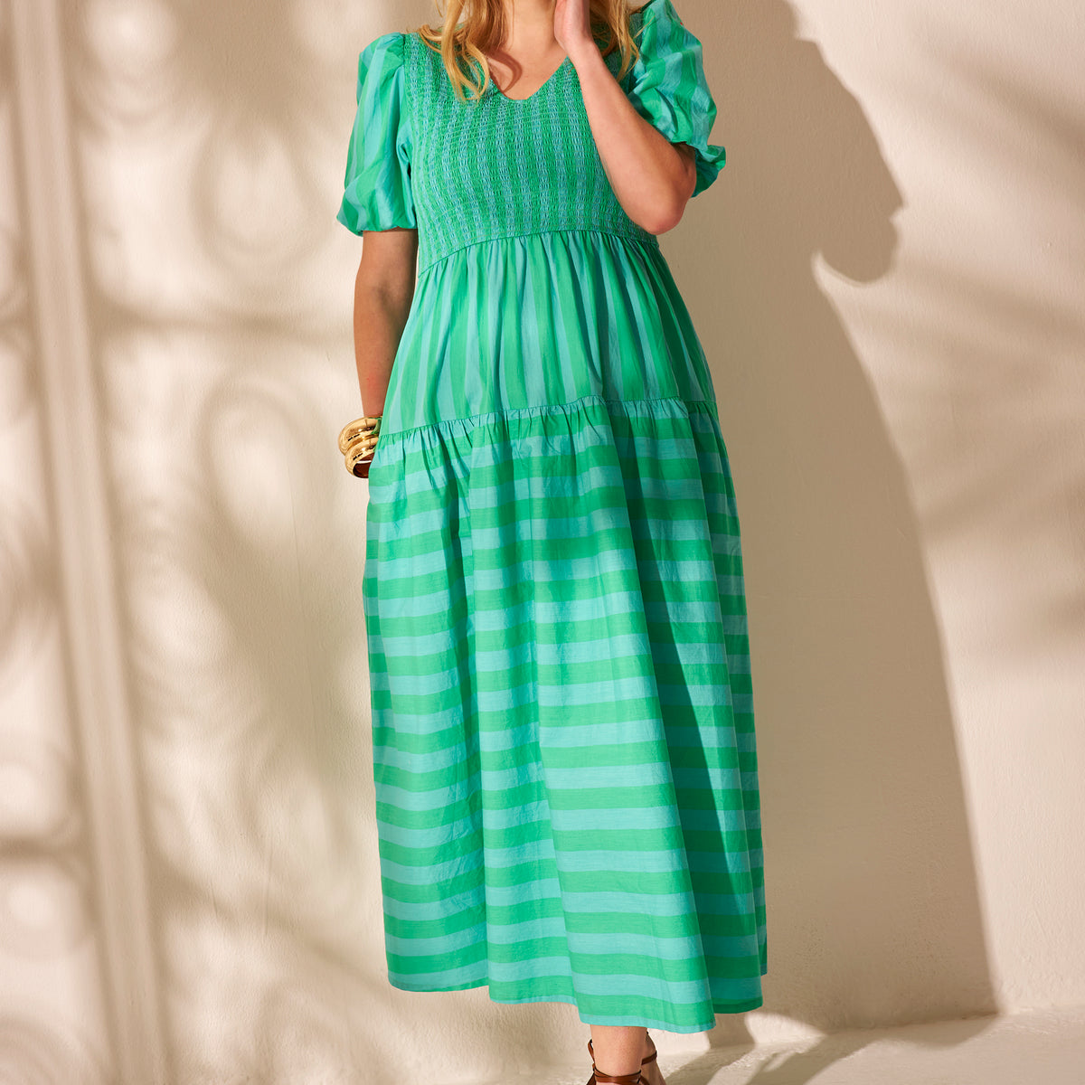 Blue with Green Stripe Puff Sleeve Maxi Dress Scamp & Dude