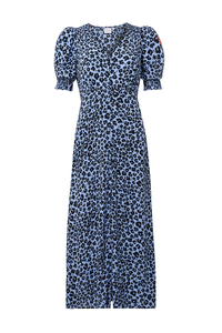 Blue with Black Floral Leopard Flute Sleeve Midi Tea Dress