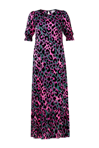 Khaki with Pink and Black Shadow Leopard Flute Sleeve Midi Dress