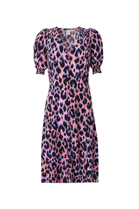 Pink with Blue and Black Shadow Leopard Short Tea Dress