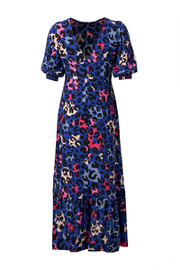 Bright Blue with Pink and Black Mixed Leopard Pintuck Puff Sleeve Midi Dress